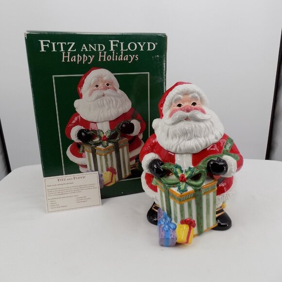 Fitz & Floyd Happy Holidays Santa Gift Handcrafted Ceramic Christmas Cookie Jar - Picture 1 of 12